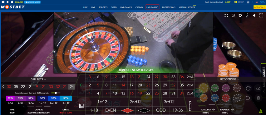 Live roulette on MostBet